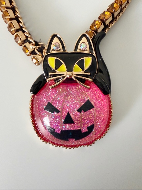 Betsey Johnson Jewelry - Betsey Johnson Cat Pink Pumpkin Gold Tone Halloween Statement Necklace